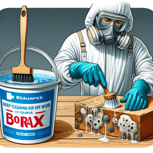 An instructional image showing the deep cleaning process of mold off wood with a borax solution.